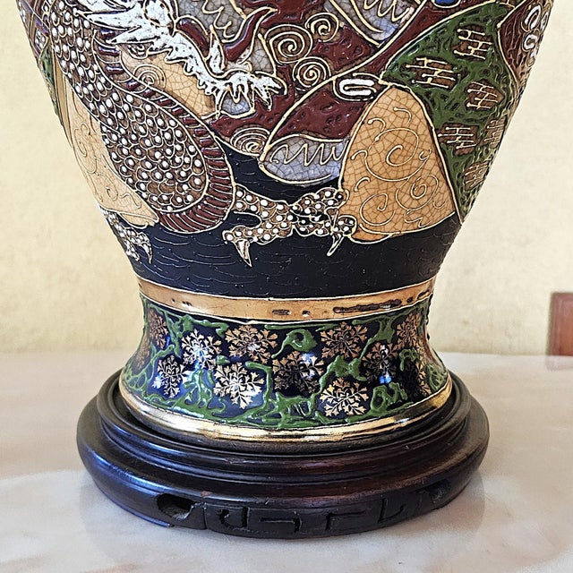 Vintage Japanese Satsuma Moriage Porcelain Table Lamp With Buddhist Immortals For Sale - Image 9 of 18