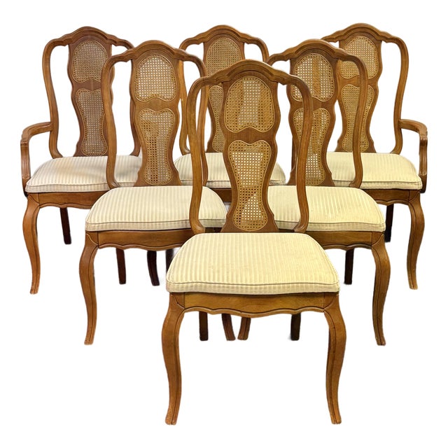 Late 20th Century French Cane Back Dining Chairs - Set of 6 For Sale