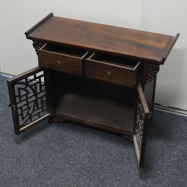 Vintage Chinese Hardwood Altar-Style Cabinet With Fretwork Doors & Drawers - 56.5cm For Sale - Image 10 of 10