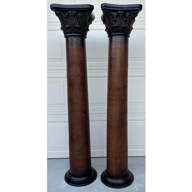 Pair of Custom Vintage Wooden Corinthian Column Pedestals With Capitals For Sale - Image 9 of 18