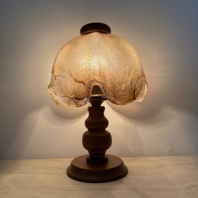 Mid-Century Modern Vintage Brutalist Glass Table Lamp with Oak Wooden Base, 1970s For Sale - Image 3 of 18