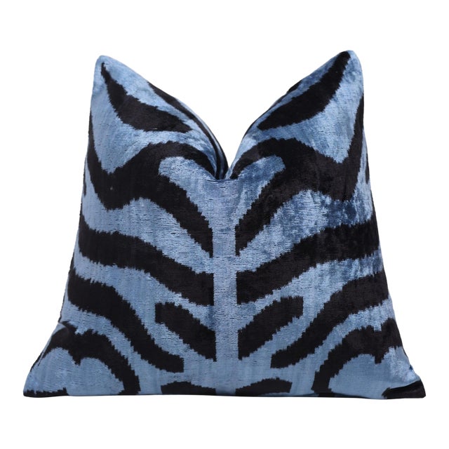 Blue Black Zebra Silk Velvet Pillow – 16x16 Handmade Ikat Cushion For Sale