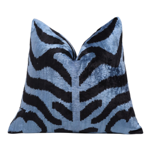 Blue Black Zebra Silk Velvet Pillow – 16x16 Handmade Ikat Cushion