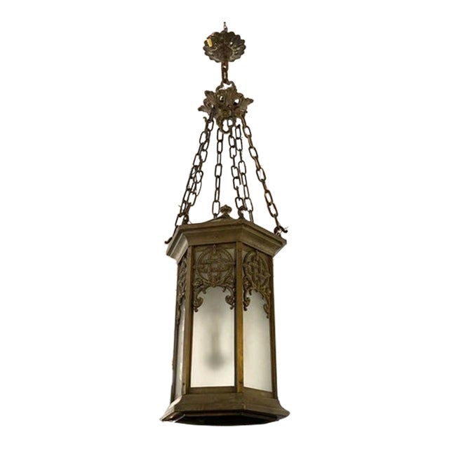 Antique Brass Neo Gothic Three Light Ceiling Pendant Light Celtic Knot Pattern For Sale