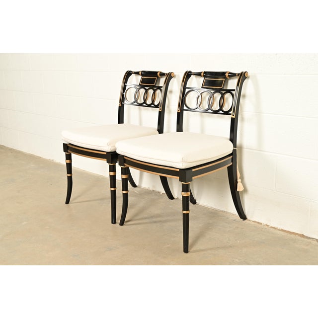 Baker Furniture Historic Charleston Regency Ebonized and Gold Gilt Side Chairs or Dining Chairs, Pair For Sale - Image 17 of 17