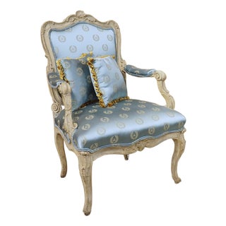 18th Century French Painted Louis XV Fauteuil À La Reine Armchair With Blue Silk For Sale