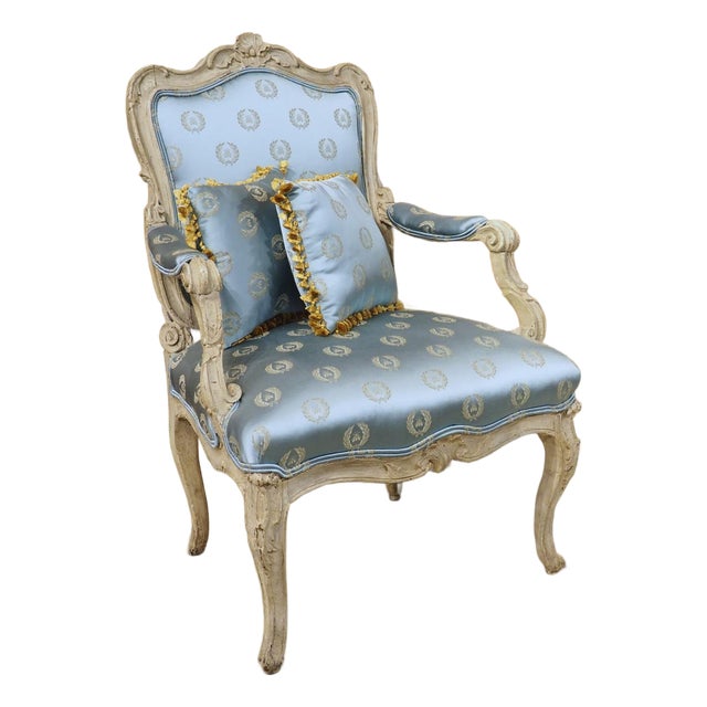 18th Century French Painted Louis XV Fauteuil À La Reine Armchair With Blue Silk For Sale