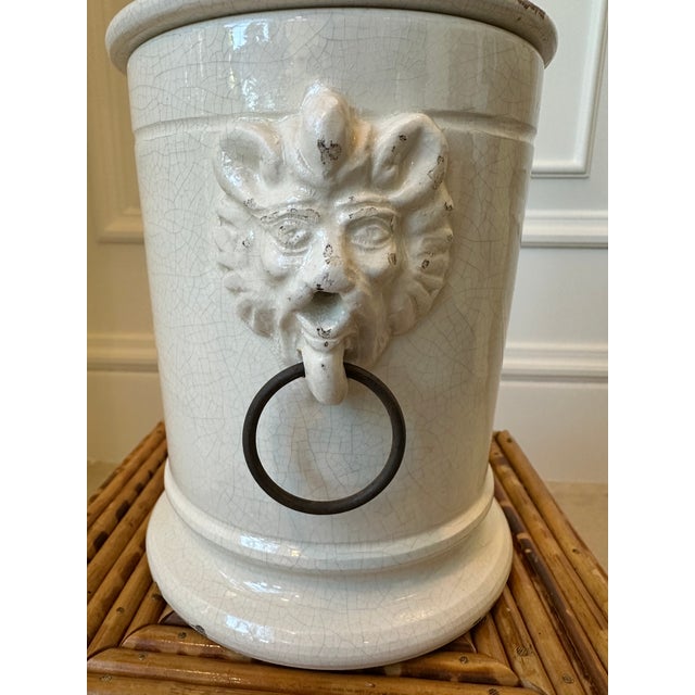 Vintage Italian Rustic Ceramic Ginger Jar With Lid and Lionheads For Sale - Image 4 of 15