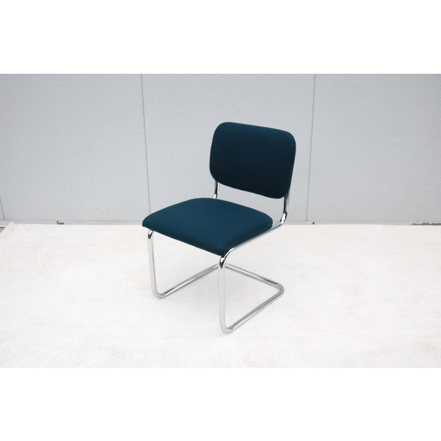 Blue Bauhaus Marcel Breuer Cesca Upholstered Side Chair in Blue Fabric by Gordon For Sale - Image 8 of 18
