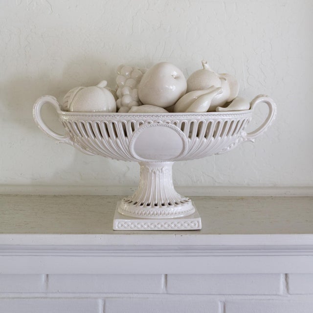 White Italian Footed Pedestal Fruit Bowl With Ceramic Fruits Centerpiece For Sale - Image 6 of 17