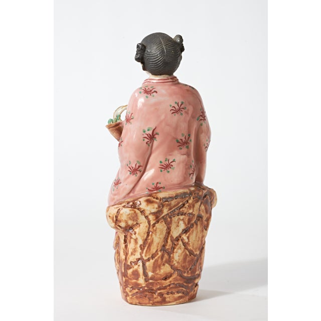 Pink Vintage Porcelain Figurine of Chinese Woman With Basket of Produce For Sale - Image 8 of 15