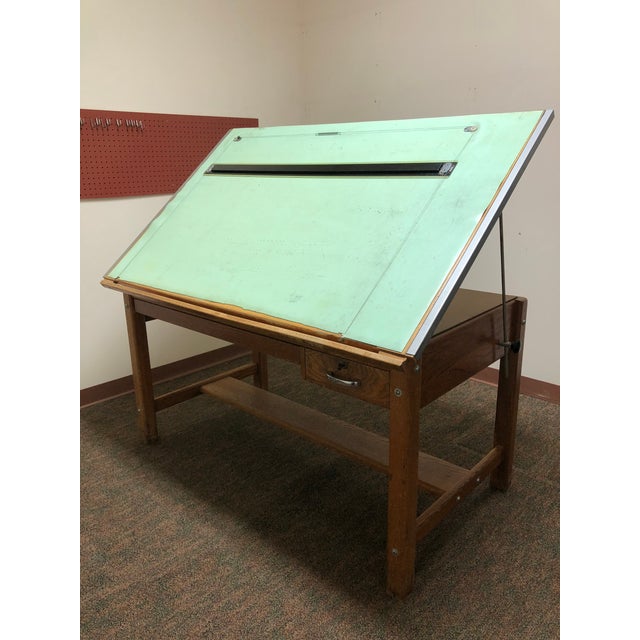 Vintage Industrial Wood Drafting Table With Tilt Top by Mayline | Chairish