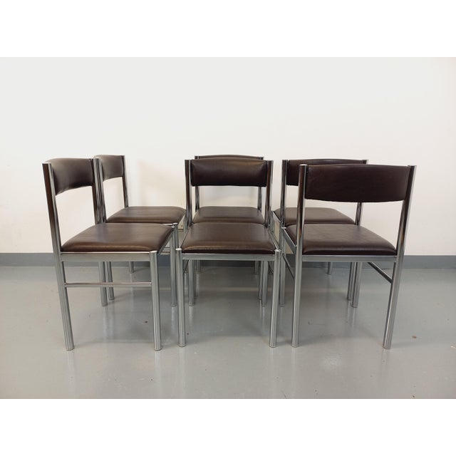 Vintage Chairs in Chromed Metal and Brown Imitation Leather, 1970s, Set of 6 For Sale - Image 16 of 18