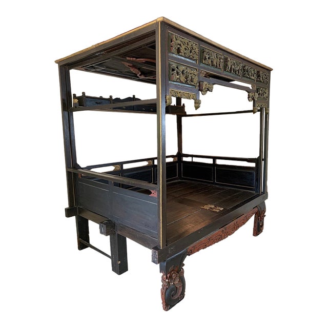19th Century Chinese Polychrome and Gilt Canopy Wedding Bed For Sale