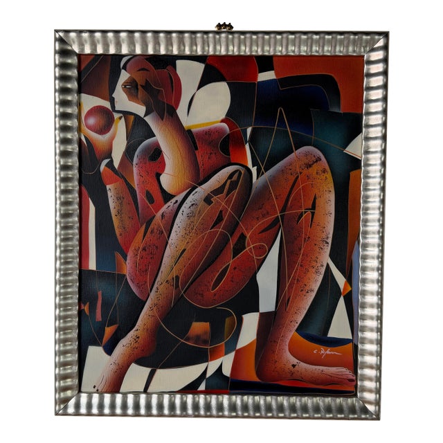 1980’s Vintage C. Ryan Cubist Figural Oil on Canvas Painting, Framed For Sale