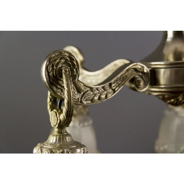 Silver Art Deco Style Bronze and Frosted Glass Floral Chandelier, 1930s For Sale - Image 8 of 18