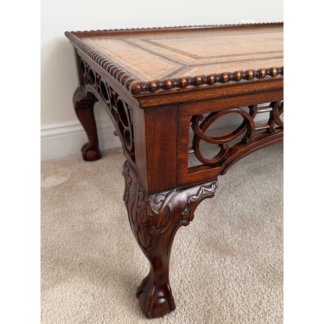 Brown 1980s Maitland-Smith Cocktail Table: Tooled Leather, Carved Fretwork, Ball & Claw Feet For Sale - Image 8 of 12