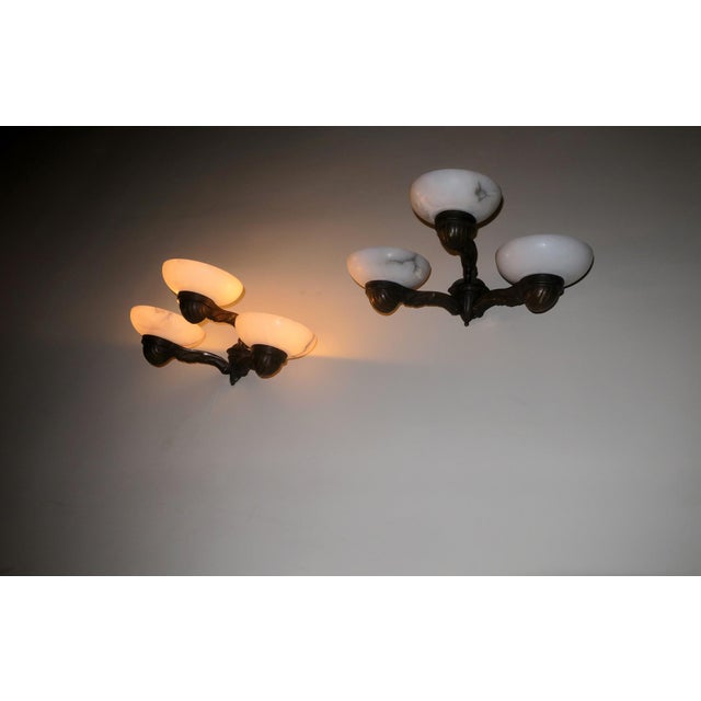 White Antique Bronze and Alabaster 3-Arm Wall Lights 1910s, Set of 2 For Sale - Image 8 of 10