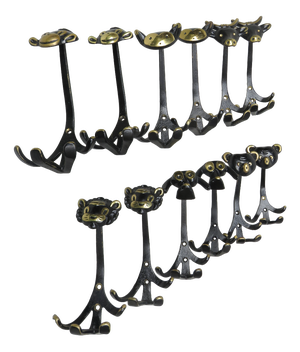 Black Brass Animal Cloakroom Hook by Walter Bosse, 1950s, Set of 12