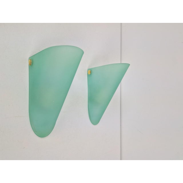 Pair of Minimalist Green Frosted Glass Triangular Conical Wall Sconce Lamp, 1990s Minimalist wall sconce made in Italy....