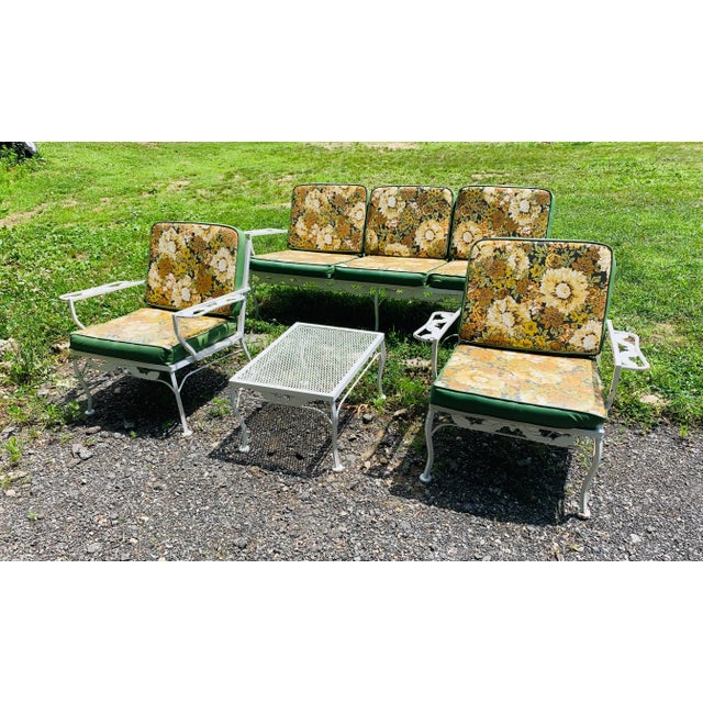 Vintage Wrought Iron Outdoor Patio Seating & Table, 4 Pieces For Sale - Image 10 of 12