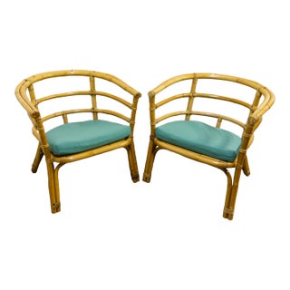 Bamboo & Rattan Barrel Chairs a Pair For Sale