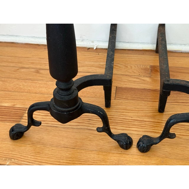 Vintage American Midcentury Cast-Iron and Brass Cannonball Andirons For Sale - Image 4 of 10