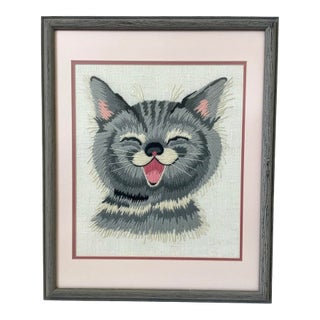 Bucilla Crewel Embroidered Happy Cat. Framed 22x18”. Retro Vintage Charm For Sale