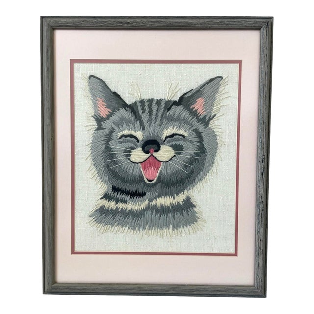 Bucilla Crewel Embroidered Happy Cat. Framed 22x18”. Retro Vintage Charm For Sale