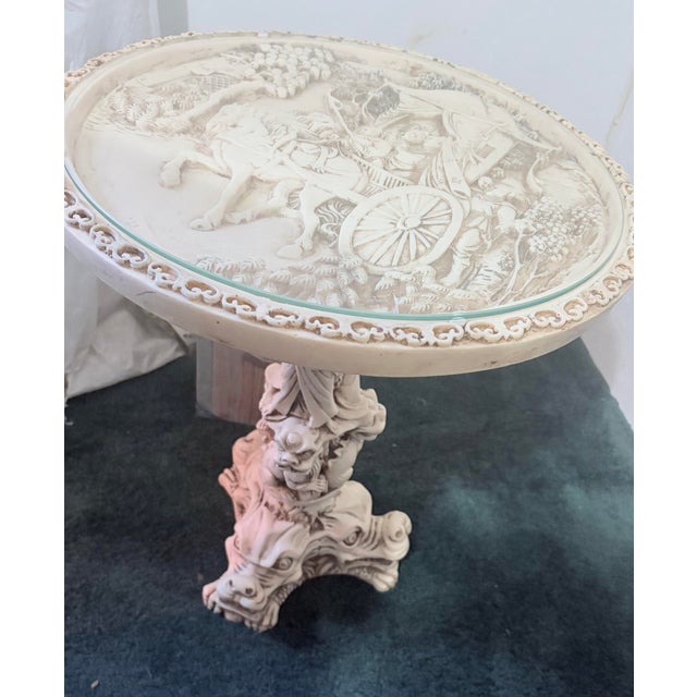 Vintage 1960s Asian Faux-Ivory Resin Opium Side Table - Intricate Relief Carving For Sale - Image 4 of 11