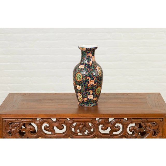 Chinese Contemporary Hand Painted Vase with Cobalt Blue Ground and Floral Decor For Sale - Image 12 of 13