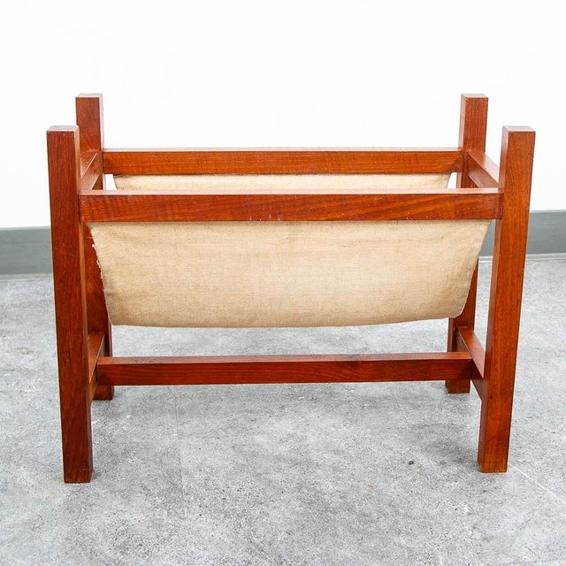 Mid Century Modern Magazine Rack Danish Canvas Sling Teak Vintage Tan Brown For Sale - Image 10 of 10