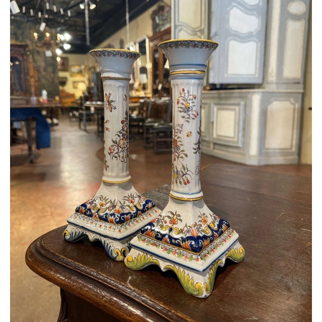 French Pair of Mid-Century French Rouen Faience Candlesticks With Floral Decor For Sale - Image 3 of 6