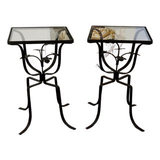 1960s MCM John Salterini Style Wrought Iron Ivy Leaf Side Tables, Pair, Indoor/Outdoor Plant Stands For Sale