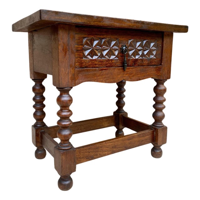 20th Century Spanish Nightstand Carved Drawer and Iron Hardware, 1890s For Sale
