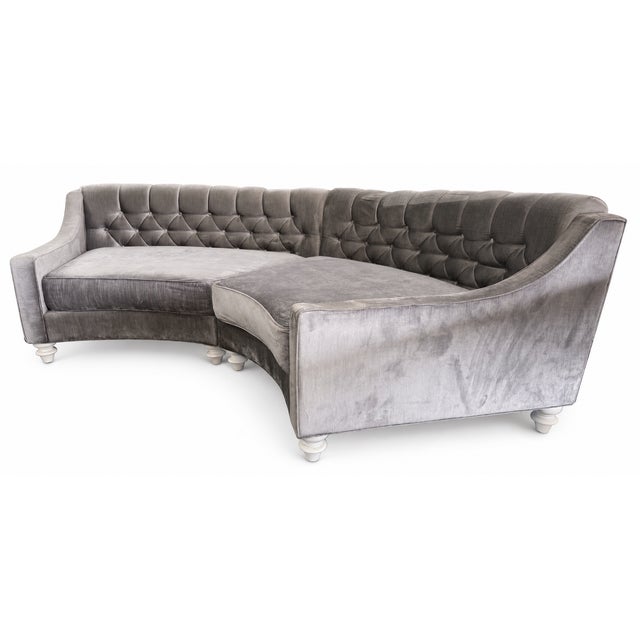 The item shown is a 2-piece curved velvet sectional sofa featuring deep diamond button tufting along the backrest, a...