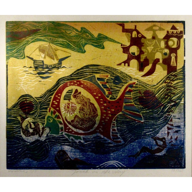 This artwork titled "Jonah on the Way" 1975, is an original colors wood block print on thin paper by noted Austrian artist...