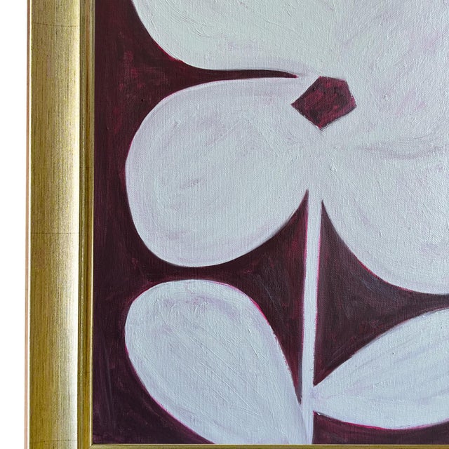 Original Four-Petal Flower Painting in Brushed Gold Frame, Oil on Canvas, 21" H X 17" W by Tatiana Duperault For Sale - Image 4 of 5