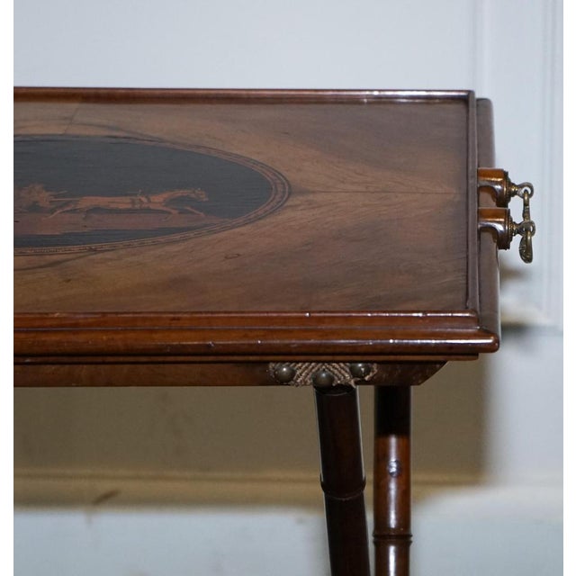 Victorian Double Sided Serving Tray on Bamboo Stand Brass Handles Marquetry Top For Sale - Image 5 of 18