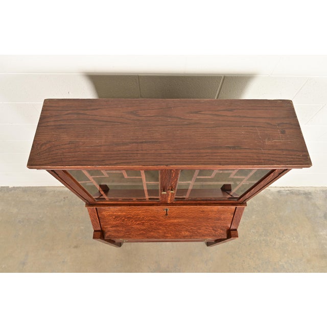Stickley Brothers Style Antique Mission Oak Arts & Crafts Secretary Desk With Bookcase Hutch, Circa 1910 For Sale - Image 11 of 14