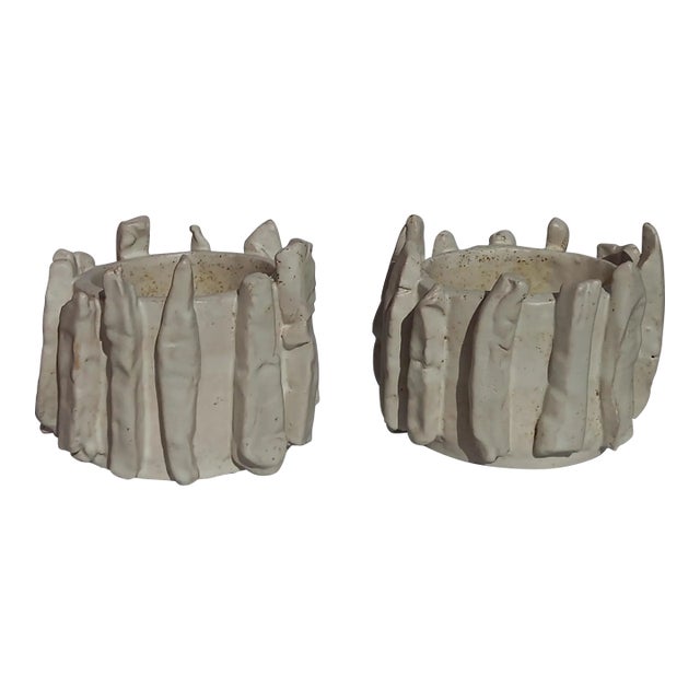 5.9" by 7" by 6.7" One-of-a-Kind Neutral Palette Hand Built Glazed Ceramic Planters by Diane Grant - Set of 2 / Plant Stands For Sale