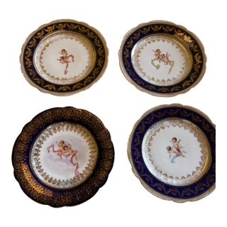 Antique Victoria Carlsbad Austria Cobalt & Gilt Cherub Cabinet Plates – Set of 4 For Sale
