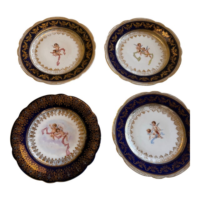 Antique Victoria Carlsbad Austria Cobalt & Gilt Cherub Cabinet Plates – Set of 4 For Sale