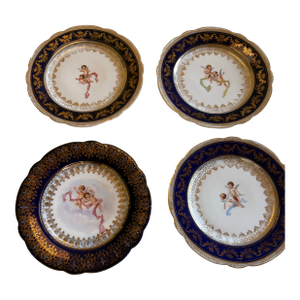 Antique Victoria Carlsbad Austria Cobalt & Gilt Cherub Cabinet Plates – Set of 4
