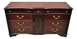 Mahogany Chinese Chippendale Long Dresser Credenza W/ Tooled Leather Door Front