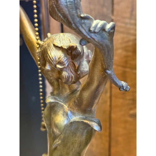 Antique Art Nouveau Cast Bronze Figural Lamp Signed J. Causse Ruby Red Stained Glass Shade c.1900 For Sale - Image 10 of 16