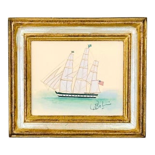 Original Hand-Painted Sailboat Painting in a Vintage Italian Frame For Sale