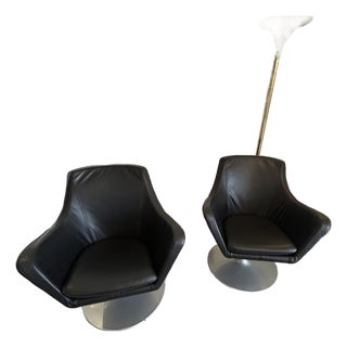 Vintage Danish Bolia Black Leather Swivel Club Chairs For Sale