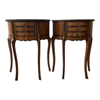 Mid 20th Century Burled Wood French Louis XIV Half Round Bedside Tables or Nightstands With Brass Ormolu Accents For Sale