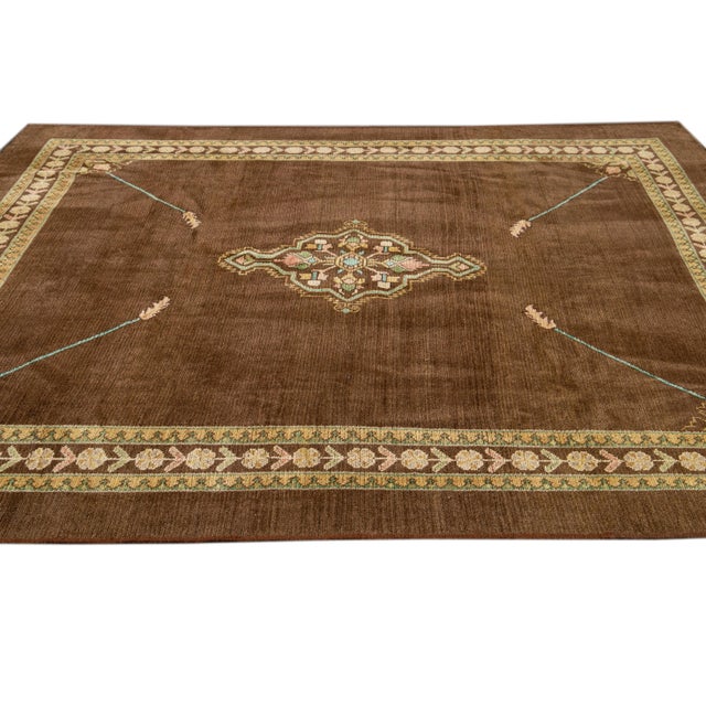 Modern Revival Brown Handmade Medallion Floral Wool Rug For Sale In New York - Image 6 of 8